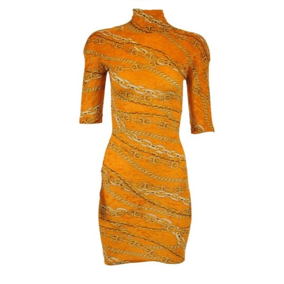 Balenciaga Womens Chain Print Bodycon Mini Dress 38 Orange Gold Stretch Velvet - Picture 1 of 16